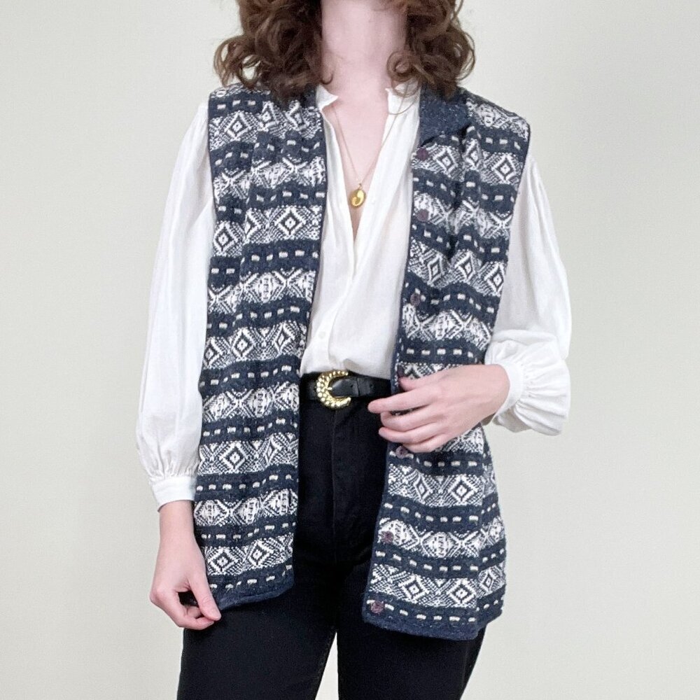 Vintage Oversized Fair Isle Sweater Vest Cardigan Eclectic Coastal Scandinavian